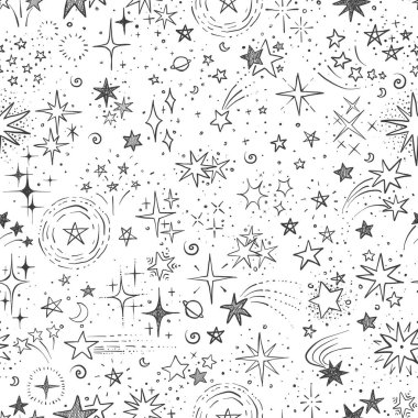 Beyaz üzerine siyah karalama yıldızları olan kusursuz bir arka plan. Duvar kağıdı, şablon dolguları, tekstil, web sayfası arka planı, yüzey dokuları için kullanılabilir