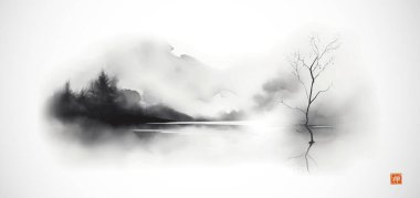 Ink painting of landscape with trees on misty island. Traditional oriental ink painting sumi-e, u-sin, go-hua. Translation of hieroglyph - zen. clipart