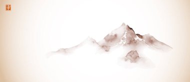 Eski usul sisli dağların minimalist mürekkep boyası. Geleneksel oryantal mürekkep boyası sumi-e, u-sin, go-hua. Hiyeroglifin çevirisi - mutluluk.