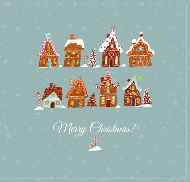 Mavi arka planda tatlı zencefilli kurabiye evleri ve kar taneleri olan Noel tebrik kartı. Noel köyü ve kar yağışı. Vektör illüstrasyonu.