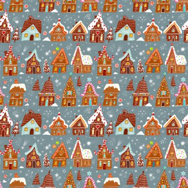 Süslü zencefilli kurabiye evleri, Noel ağaçları, tatlılar ve gri arka planda kar taneleriyle harmanlanmış şenlik deseni. Duvar kağıdı, şablon dolguları, tekstil, web sayfası arkaplanı için kullanılabilir
