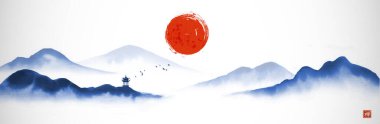 Pagoda tapınağı, kırmızı güneş ve mavi sisli dağlarla mürekkep boyası. Geleneksel oryantal mürekkeple panoramik manzara boyama sumi-e, u-sin, go-hua. Hiyeroglifin çevirisi - zen.