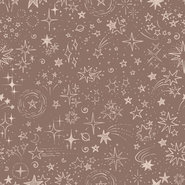 Kahverengi üzerinde karalama yıldızları olan kusursuz bir arka plan. Duvar kağıdı, şablon dolguları, tekstil, web sayfası arka planı, yüzey dokuları için kullanılabilir