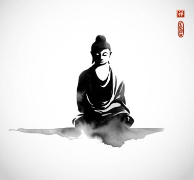 Buda 'nın meditasyondaki mürekkep boyası. Geleneksel oryantal mürekkep boyası sumi-e, u-sin, go-hua. Hiyeroglifin çevirisi - zen.