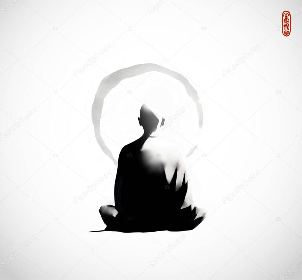 Ink painting of meditating buddhist monk, view from the back. Traditional oriental ink painting sumi-e, u-sin, go-hua on white background.