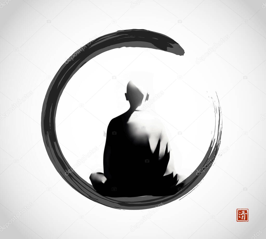 Ink painting of meditating buddhist monk in black enso zen circle. Traditional oriental ink painting sumi-e, u-sin, go-hua on white background.