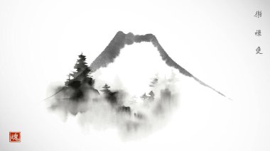 Çam ağaçlı, sisli bir Fuji dağının mürekkep boyası. Geleneksel Japon mürekkep boyası sumi-e hiyeroglifler - neşe, refah, güzellik.