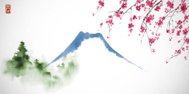 Fuji dağının vektör görüntüsü, yeşil çam ağaçları ve sakura çiçekleri, geleneksel mürekkep yıkama stilinde sumi-e, sakin ve minimalist.