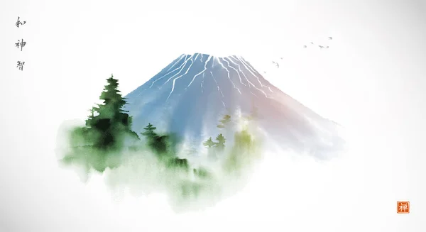 Pintura Lavagem Tinta Uma Montanha Fuji Nebulosa Azul Com Pinheiros Gráficos De Vetores