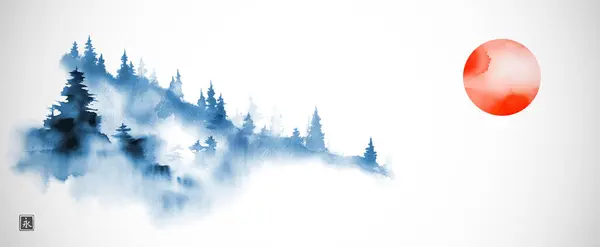 Sumi Inkoust Umýt Obraz Modrého Mlhavého Lesa Úbočí Kopce Velké Royalty Free Stock Vektory