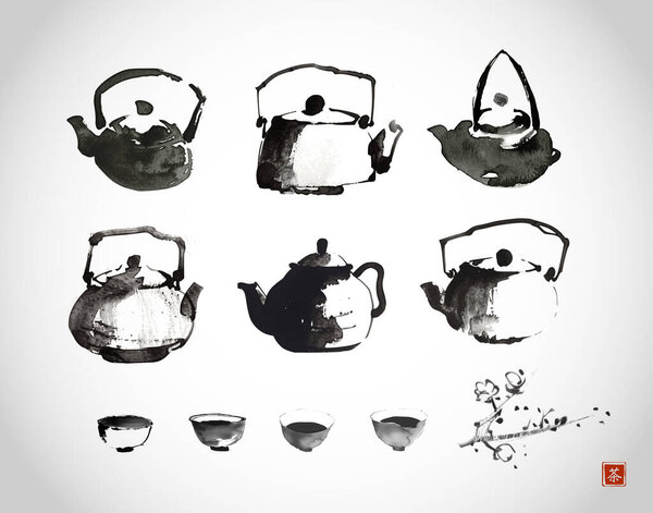 Collection of sumi-e style ink wash paintings of teapots and cups, arranged on a white background. Translation of hieroglyph - tea.