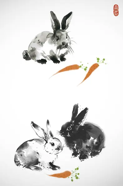 Tuschmalerei Von Drei Kaninchen Mit Leuchtend Orangefarbenen Karotten Traditionelle Orientalische Stockillustration