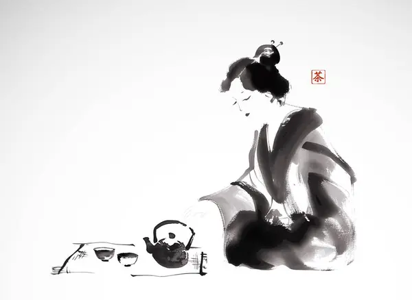Inkoust Prací Malba Ženy Kimonu Nalévání Čaje Scéna Tradičního Čajového Stock Vektory