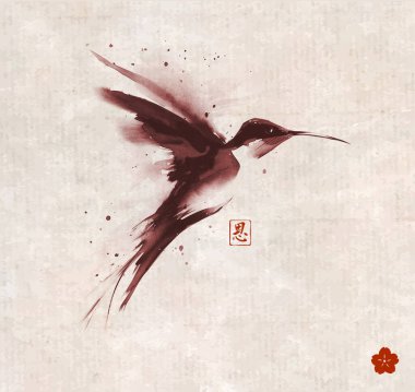 Ink wash painting of hummingbird in flight on vintage background. Traditional oriental ink painting sumi-e, u-sin, go-hua. Hieroglyph - grace clipart