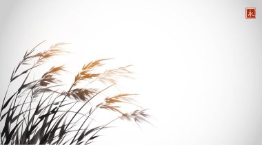 Rüzgarın üzerindeki çimlerin mürekkep boyası. Geleneksel oryantal mürekkep boyası sumi-e, u-sin, go-hua. Hiyeroglifin çevirisi - sonsuzluk.