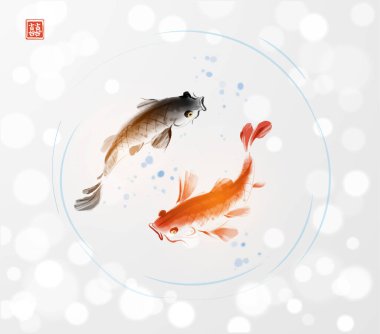 Siyah ve kırmızı sazan balıkları sakin bir gölette zarifçe yüzerek doğadaki denge ve güzelliği sembolize eder. Hiyeroglif- çifte şans