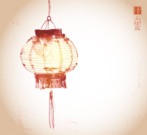 Ink painting of a traditional East Asian lantern in warm tones and delicate ink strokes.Traditional oriental ink painting sumi-e, u-sin, go-hua. Hieroglyph - clarity