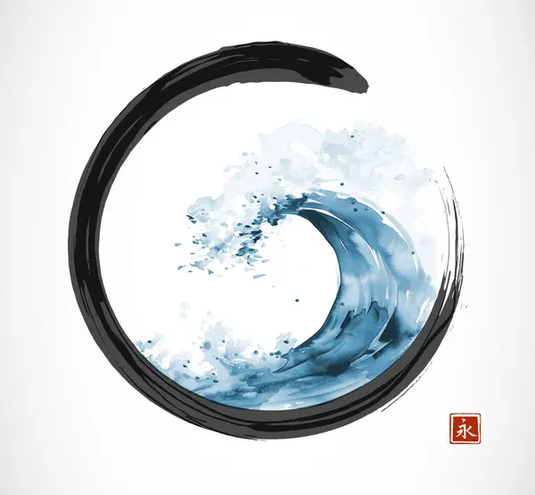Bläck Tvätta Målning Den Blå Vågen Svart Enso Zen Cirkel — Stock vektor