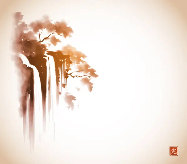 Malowanie Tuszem Wodospadu Leśnego Tradycyjne Orientalne Malowanie Atramentem Sumi Sin Wektor Stockowy