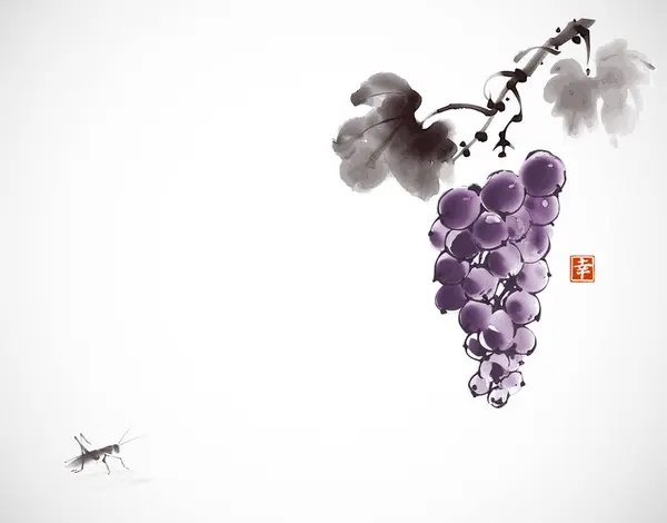Чернильная Живопись Изнасилований Фиолетовых Тонах Свисающих Виноградной Лозы Листьями Маленьким Стоковая Иллюстрация