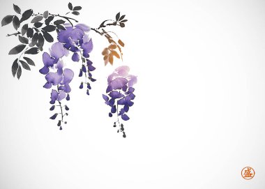 Ink painting of blooming wisteria. Traditional oriental ink painting sumi-e, u-sin, go-hua. Translation of hieroglyph - bloom. clipart