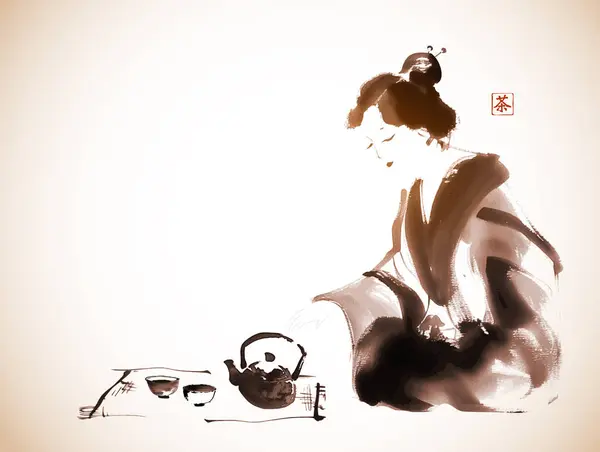 Μελάνι Πλύνετε Ζωγραφική Της Γυναίκας Ένα Κιμονό Ρίχνει Τσάι Σκηνή Διάνυσμα Αρχείου