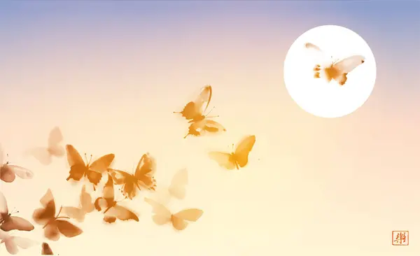 Minimalistisch Sumie Geïnspireerd Ontwerp Met Vlinders Zonsondergang Hemel Elegant Veelzijdig — Stockvector