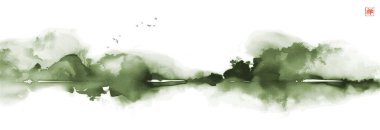 Sakin sularda yansıyan sisli orman ağaçlarıyla sakin bir manzara. Geleneksel oryantal mürekkep boyası sumi-e, u-sin, go-hua. Hiyeroglifin çevirisi - zen.