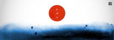 Büyük kırmızı güneşli soyut mavi mürekkep boyası. Geleneksel Japon mürekkep boyası sumi-e. Hiyeroglifin çevirisi - zen