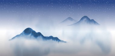 Sisli dağ sıraları ve yıldızlı gece gökyüzü olan mürekkep tabloları. Geleneksel Japon mürekkep boyası sumi-e