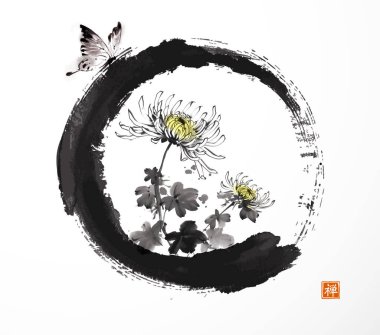 Siyah enso zen çemberinde kasımpatı ile mürekkep boyası. Geleneksel oryantal mürekkep boyası sumi-e, u-sin, beyaz arka planda go-hua. Hiyeroglifin çevirisi - sonsuzluk.