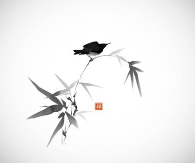 Bambu dalındaki karatavuğun minimalist mürekkep boyası. Geleneksel Japon mürekkep boyası sumi-e. Hiyeroglifin çevirisi - zen.