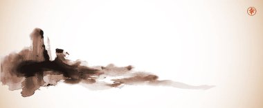 Sisli bir dağ manzarasının mürekkep temizleme tablosu, minimalist ve huzurlu. Geleneksel oryantal mürekkep boyası sumi-e, u-sin, go-hua klasik tarzda. Hiyeroglif- mutluluk