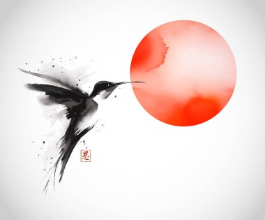 Sinekkuşu ve büyük kırmızı güneşin mürekkep boyası. Geleneksel oryantal mürekkep boyası sumi-e, u-sin, go-hua. Hiyeroglif- zarafet
