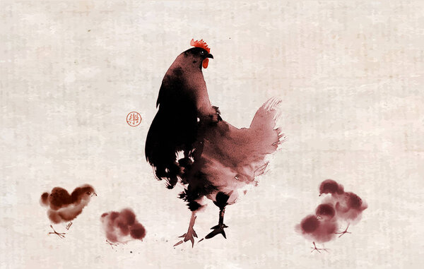 Minimalist ink wash painting with a hen and her chicks. Traditional oriental ink painting sumi-e, u-sin, go-hua on vintage background. Hieroglyph - joy.
