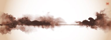 Sessiz sularda yansıyan sisli orman ağaçlarıyla klasik tarzda sakin bir manzara. Geleneksel oryantal mürekkep boyası sumi-e, u-sin, go-hua. Hiyeroglifin çevirisi - zen.
