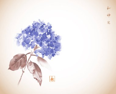 Mavili ortanca çiçeklerinin mürekkep boyası. Geleneksel oryantal mürekkep boyası sumi-e, u-sin, go-hua. Hiyeroglifler - uyum, ruh, mükemmellik, sonsuzluk.