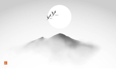 İki vinçli minimalist mürekkep boyası ve sisli bir dağın üzerindeki ay. Geleneksel oryantal mürekkep boyası sumi-e, u-sin, go-hua. Hiyeroglif- sonsuzluk.