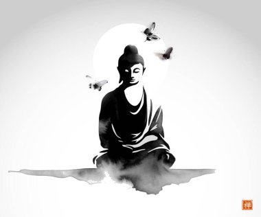 Meditasyon yapan Buda 'nın üzerinde uçan kelebekler. Geleneksel oryantal mürekkep boyası sumi-e, u-sin, go-hua. Hiyeroglifin çevirisi - zen.