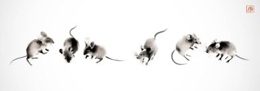 Fare tablosu. Geleneksel oryantal mürekkep boyası sumi-e, u-sin, go-hua. Hiyeroglifin çevirisi - neşe.