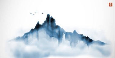 Mavi ve mürekkeple yıkanmış sisli dağların ve gökyüzündeki kuşların resimleri. Geleneksel oryantal mürekkep boyası sumi-e, u-sin, go-hua. Hiyeroglif- mutluluk