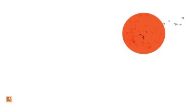 Minimalist mürekkep boyası, kuş sürüsü ve gökyüzünde büyük kırmızı güneş. Geleneksel oryantal mürekkep boyası sumi-e, u-sin, go-hua. Hiyeroglif- berraklık