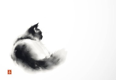 Yumuşak kedi mürekkep resmi. Geleneksel Japon mürekkep boyası sumi-e..