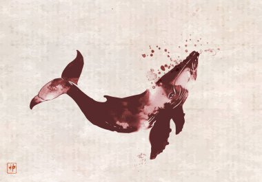 Ink wash painting of a whale in water splashes on vintage background. Traditional oriental ink painting sumi-e, u-sin, go-hua. Translation of hieroglyph - spirit. clipart