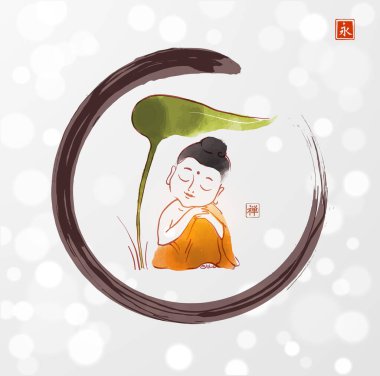 Japanese sumi-e inspired painting with little Buddha in meditation, sheltered beneath a large green leaf in black enso zen circle on white shimmering background. Translation of hieroglyphs - zen, eternity clipart