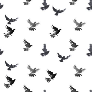 Beyaz arka planda mürekkeple boyanmış uçan kuşların kusursuz deseni. Duvar kağıdı, şablon dolguları, tekstil, web sayfası arka planı, yüzey dokuları için kullanılabilir