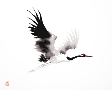 Minimalist ink painting of flying japanese crane on white. Traditional oriental ink painting sumi-e, u-sin, go-hua. Hieroglyph - wind. clipart