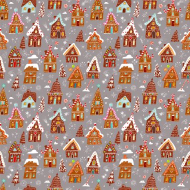 Süslü zencefilli kurabiye evleri, Noel ağaçları, tatlılar ve gri arka planda kar taneleriyle harmanlanmış şenlik deseni. Duvar kağıdı, şablon dolguları, tekstil, web sayfası arka planı, yüzey dokuları için kullanılabilir