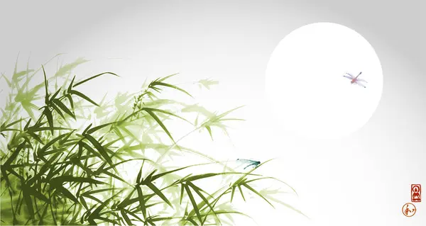 Ink wash painting of young green bamboo trees and misty sunrise sky. Traditional oriental ink painting sumi-e, u-sin, go-hua. Translation of hieroglyph - harmony.