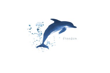 Minimalist ink painting with blue dolphin in sumi-e style on white. clipart